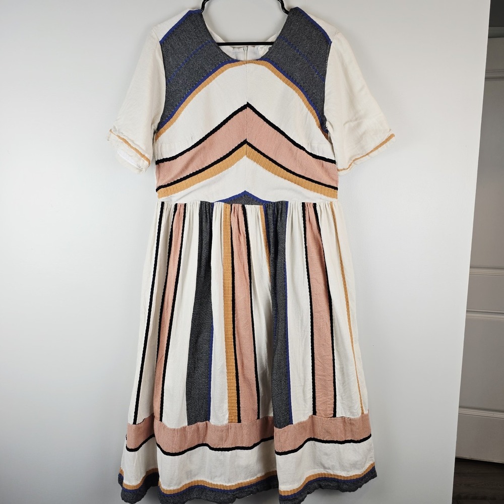 PIPER & SCOOT Boutique Eleanor‎ Dress Neutral Stripes Modest, Sz Large.B59